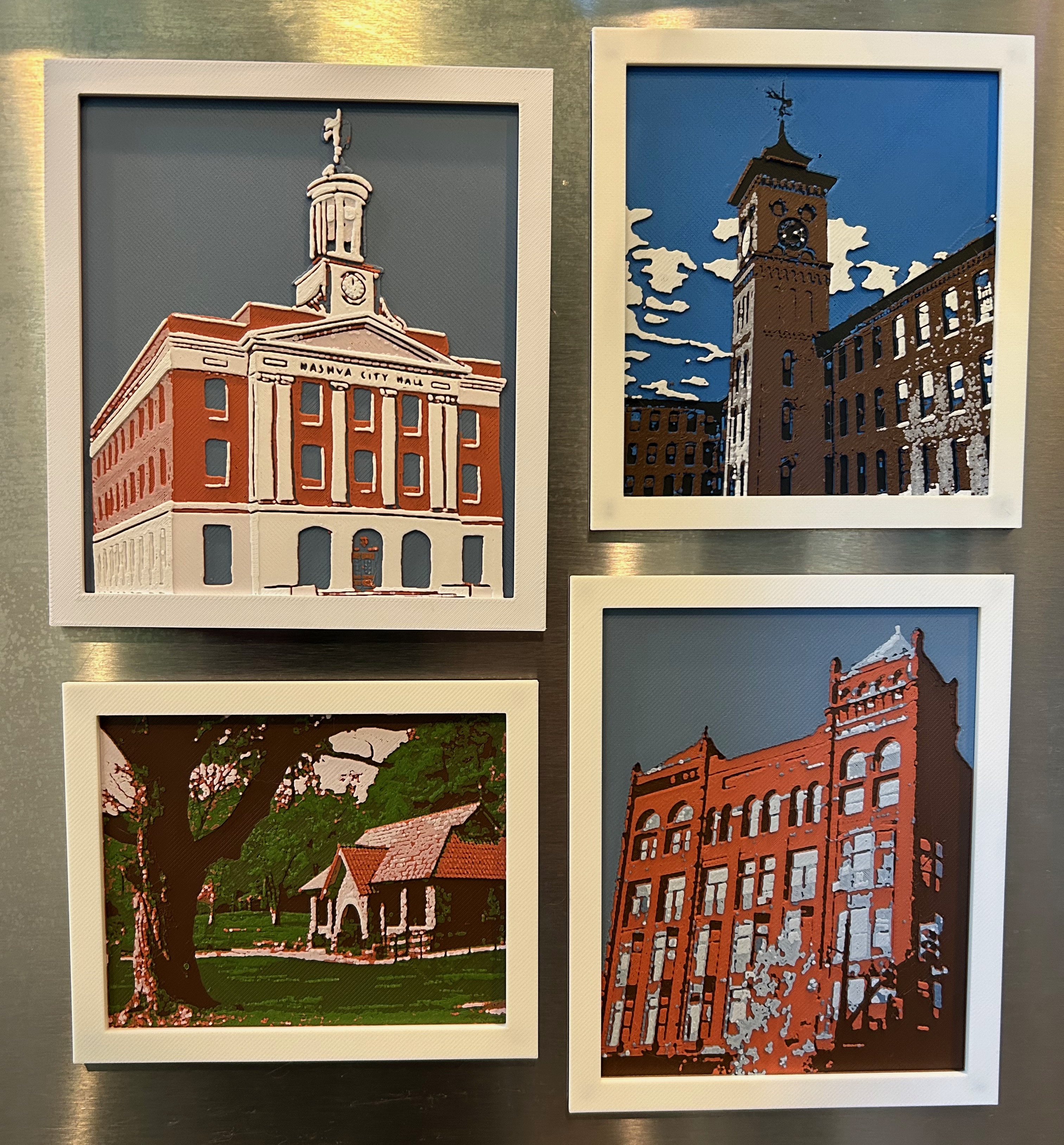 3D printed fridge magnets of Nashua landmarks